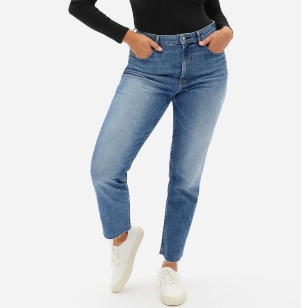 Everlane The Cheeky Jean High Rise Straight Leg Raw Hem Mid Wash Blue Denim 34
